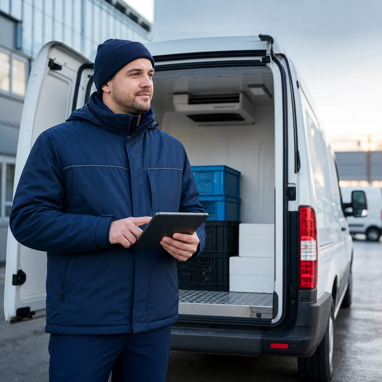 Livreur professionnel devant un utilitaire frigorifique 3,5 tonnes